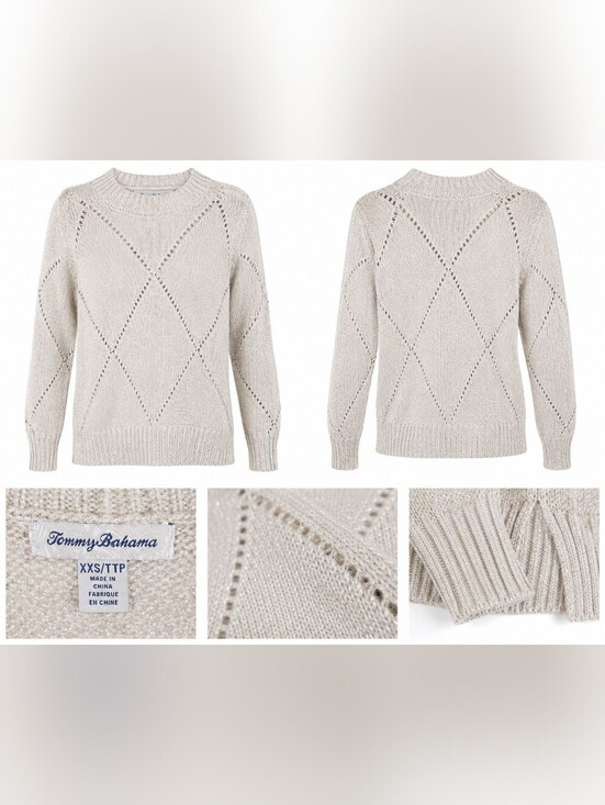 Tommy Bahama Sweaters - Tommy Bahama Womens XXS Ivory Metallic Knit Sweater Diamond Pattern Pullover.
